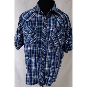 Rustler Mens XL Blue Plaid Pearl Snap Short Sleeve Heavyweight Western Shirt